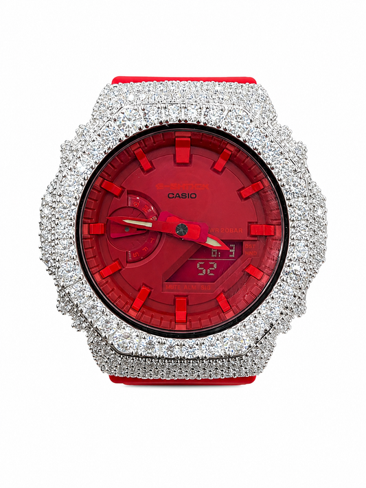 Iced out red G-Shock moissanite watch 925 sterling silver bezel 11 carat VVS D Color GRA certified red dial red strap Paradise Gems Atlanta