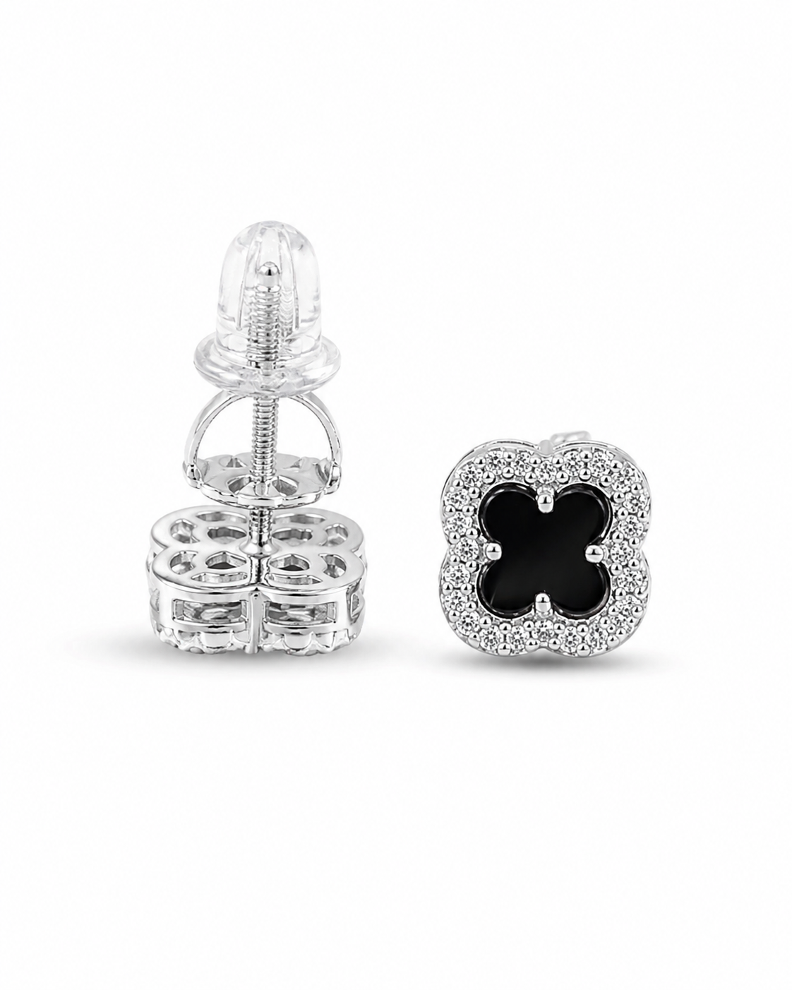 Black onyx moissanite clover stud earrings 1 carat 925 silver GRA certified