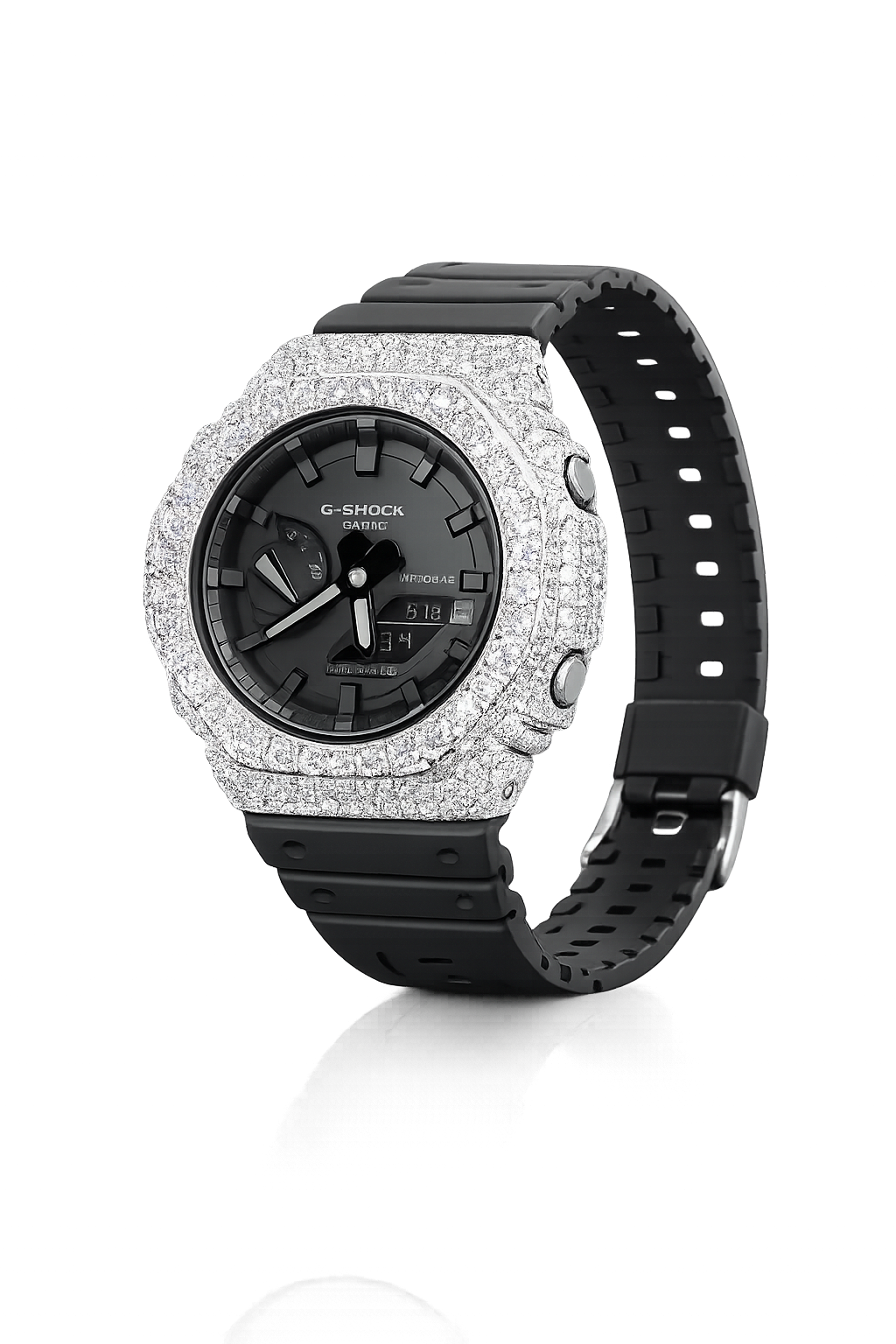 Iced Out White G-Shock Moissanite Watch | 925 Silver or Brass Bezel