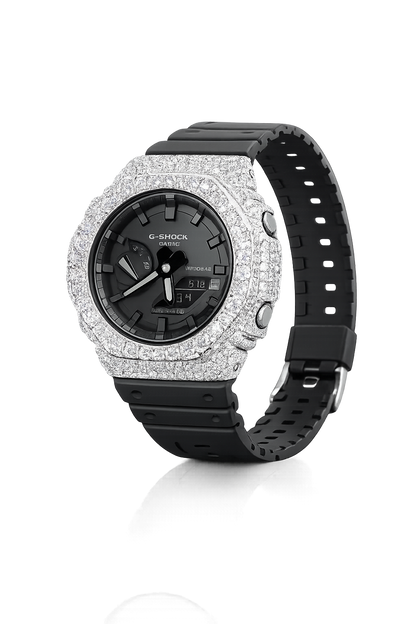 Iced Out White G-Shock Moissanite Watch | 925 Silver or Brass Bezel