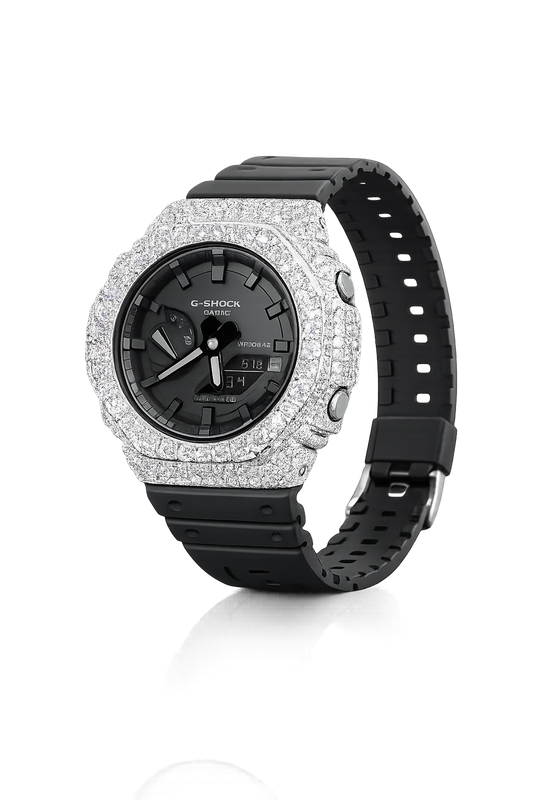 Iced Out White G-Shock Moissanite Watch | 925 Silver or Brass Bezel