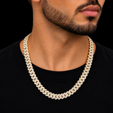 10mm moissanite Cuban link chain in 14K gold plated 925 silver worn on neck, VVS D color GRA certified