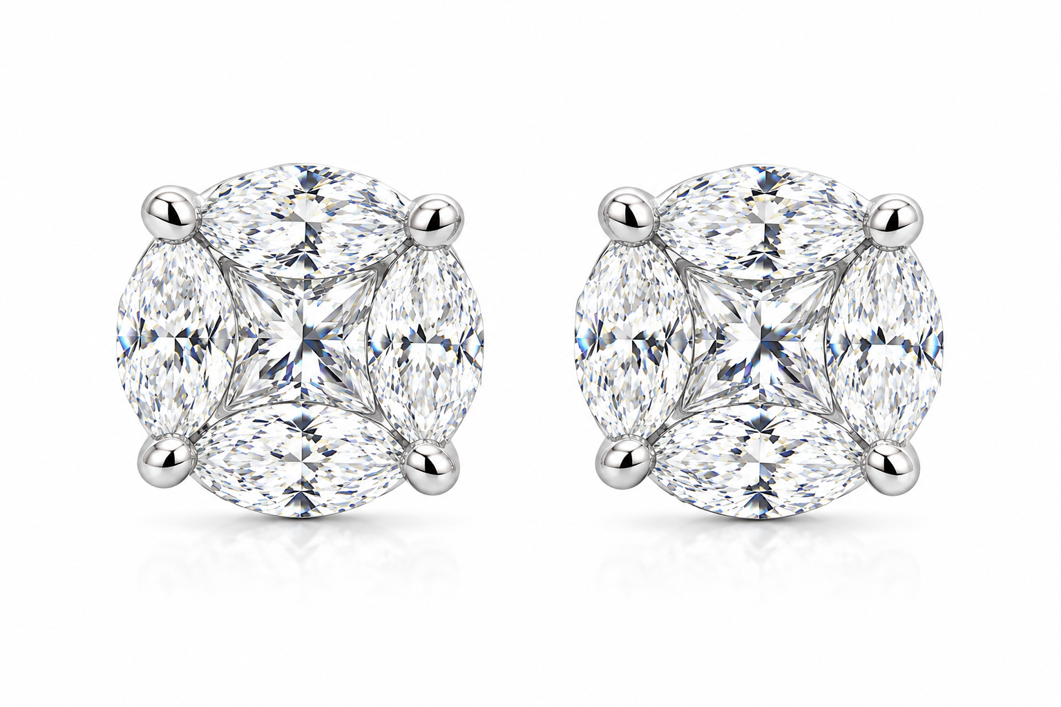 Pie Cut Moissanite Cluster Stud Earrings 1.5 CT / 2.5 CT | 14K Gold Plated 925 Silver | Screw Back