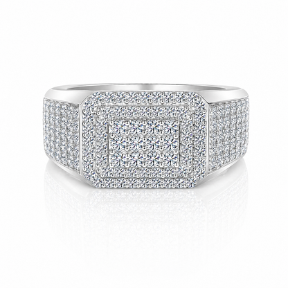 Mens Moissanite Micro Pave Square Wedding Ring | GRA Certified featuring a square cluster of sparkling moissanite stones with micro pave detailing on a polished band.