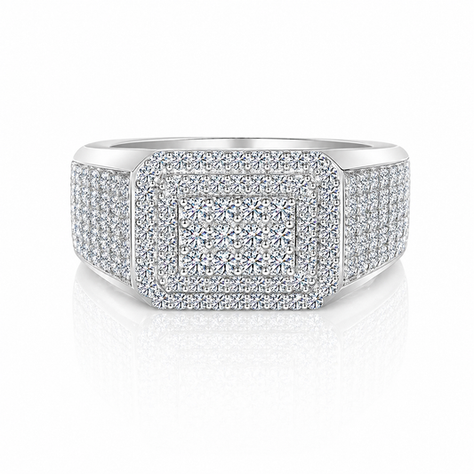 Mens Moissanite Micro Pave Square Wedding Ring | GRA Certified featuring a square cluster of sparkling moissanite stones with micro pave detailing on a polished band.