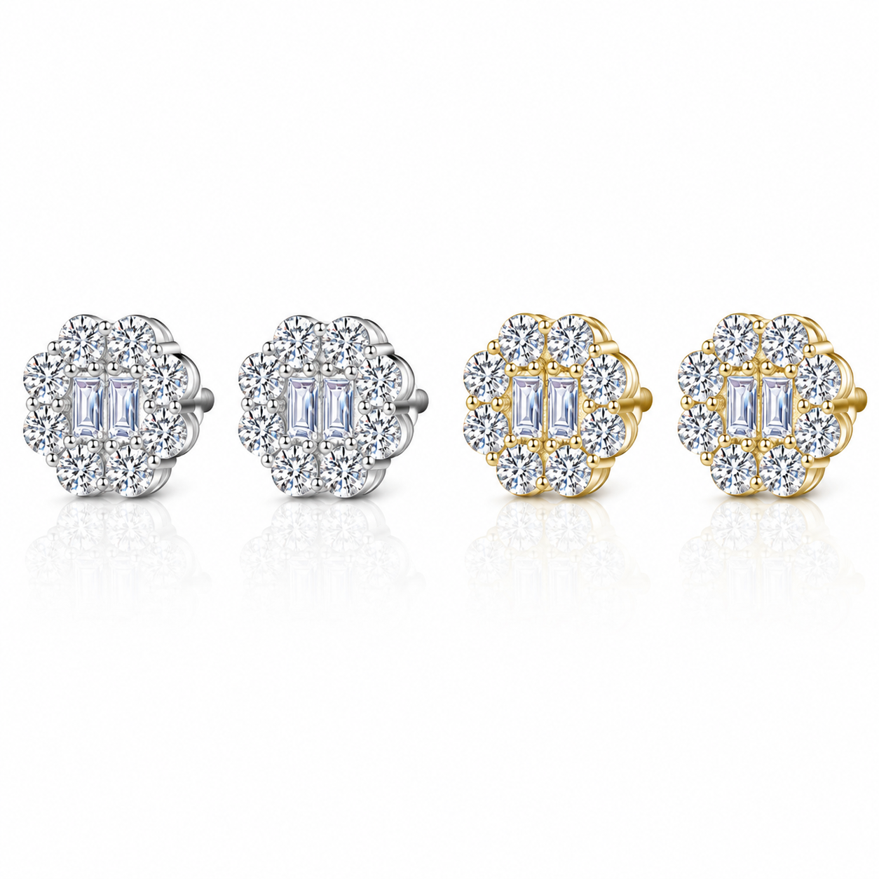 Moissanite double baguette flower halo earrings 8MM 14K gold VVS D color GRA certified 925 silver Atlanta