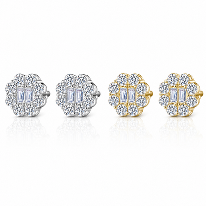 Moissanite double baguette flower halo earrings 8MM 14K gold VVS D color GRA certified 925 silver Atlanta