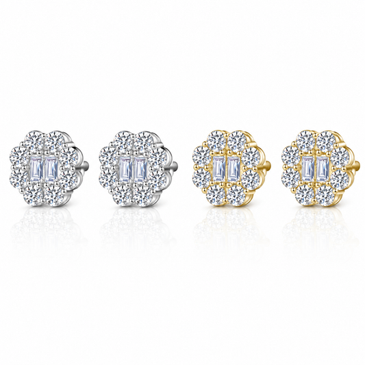 Moissanite double baguette flower halo earrings 8MM 14K gold VVS D color GRA certified 925 silver Atlanta
