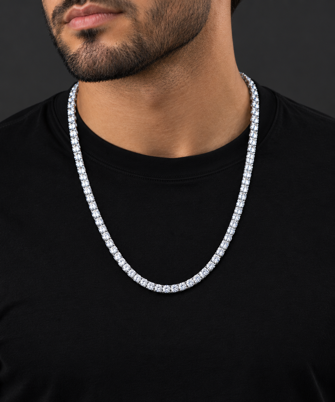 5mm moissanite tennis chain in 925 sterling silver worn on neck, VVS D color GRA certified