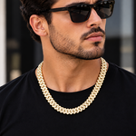 12mm moissanite Cuban link chain in 14K gold plated 925 silver worn on neck, VVS D color GRA certified