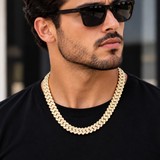 12mm moissanite Cuban link chain in 14K gold plated 925 silver worn on neck, VVS D color GRA certified