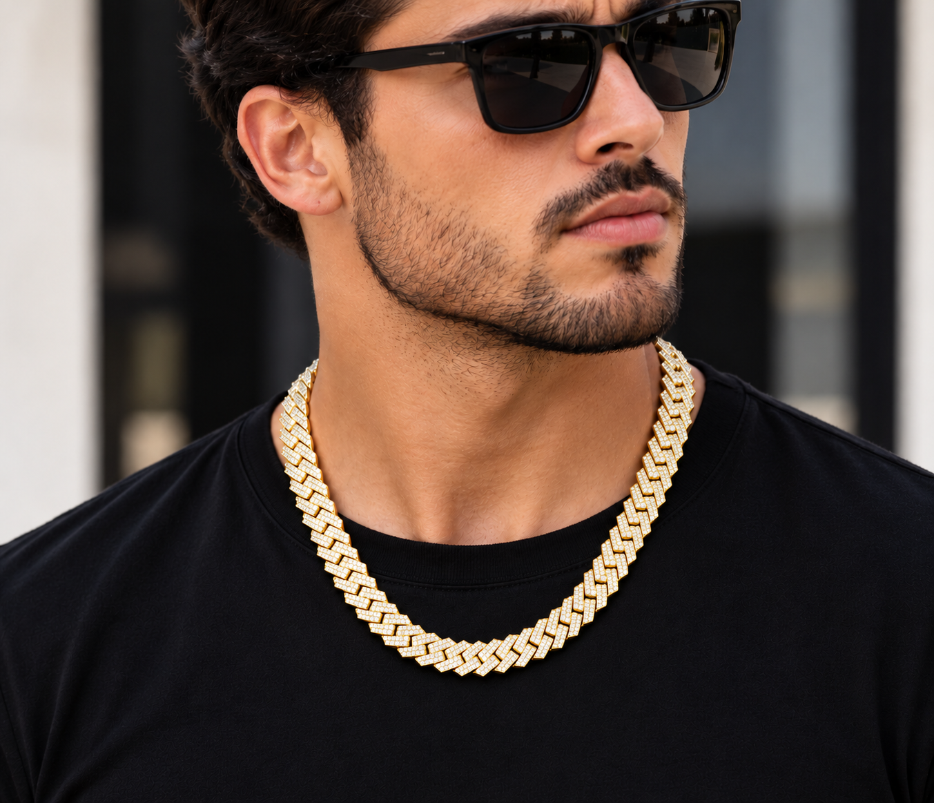 12mm moissanite Cuban link chain in 14K gold plated 925 silver worn on neck, VVS D color GRA certified