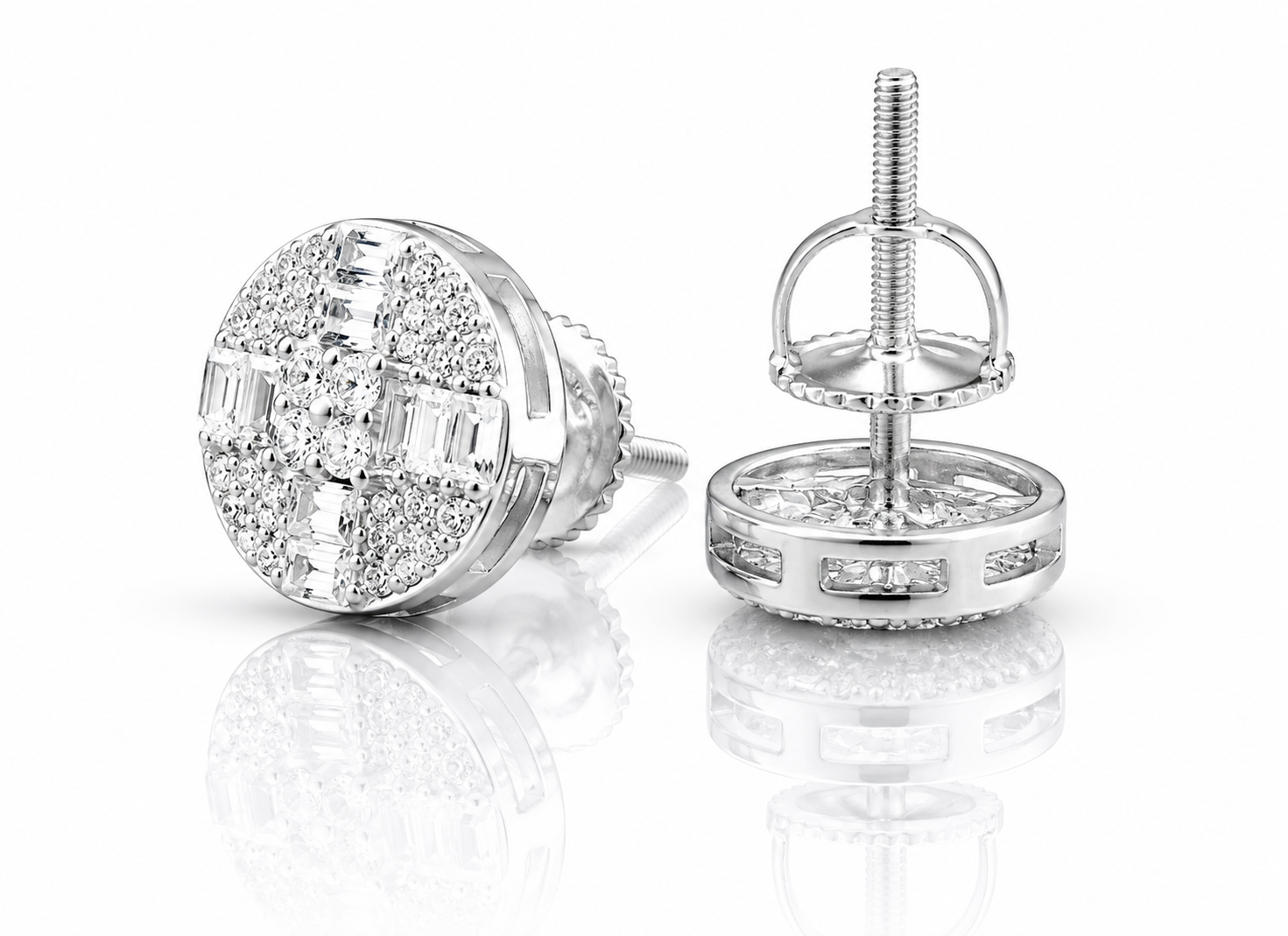 Moissanite Round Baguette Studs 9.5MM worn as studs.