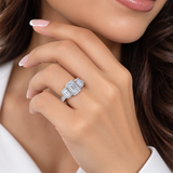 2CT Emerald Cut Moissanite Three Stone Halo Ring — 925 Sterling Silver