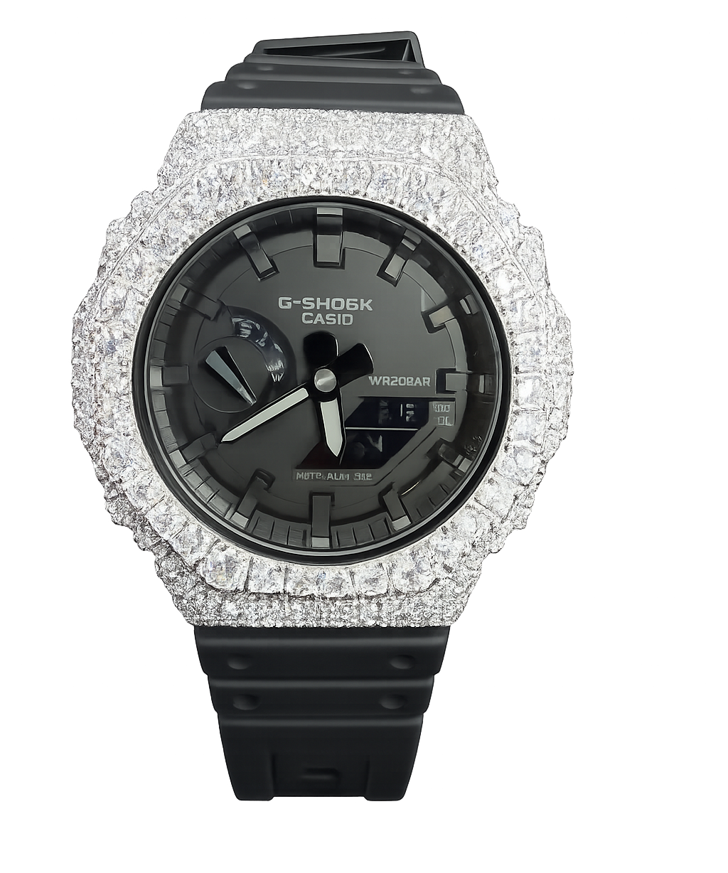 Iced Out White G-Shock Moissanite Watch | 925 Silver or Brass Bezel