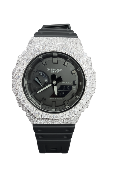 Iced Out White G-Shock Moissanite Watch | 925 Silver or Brass Bezel