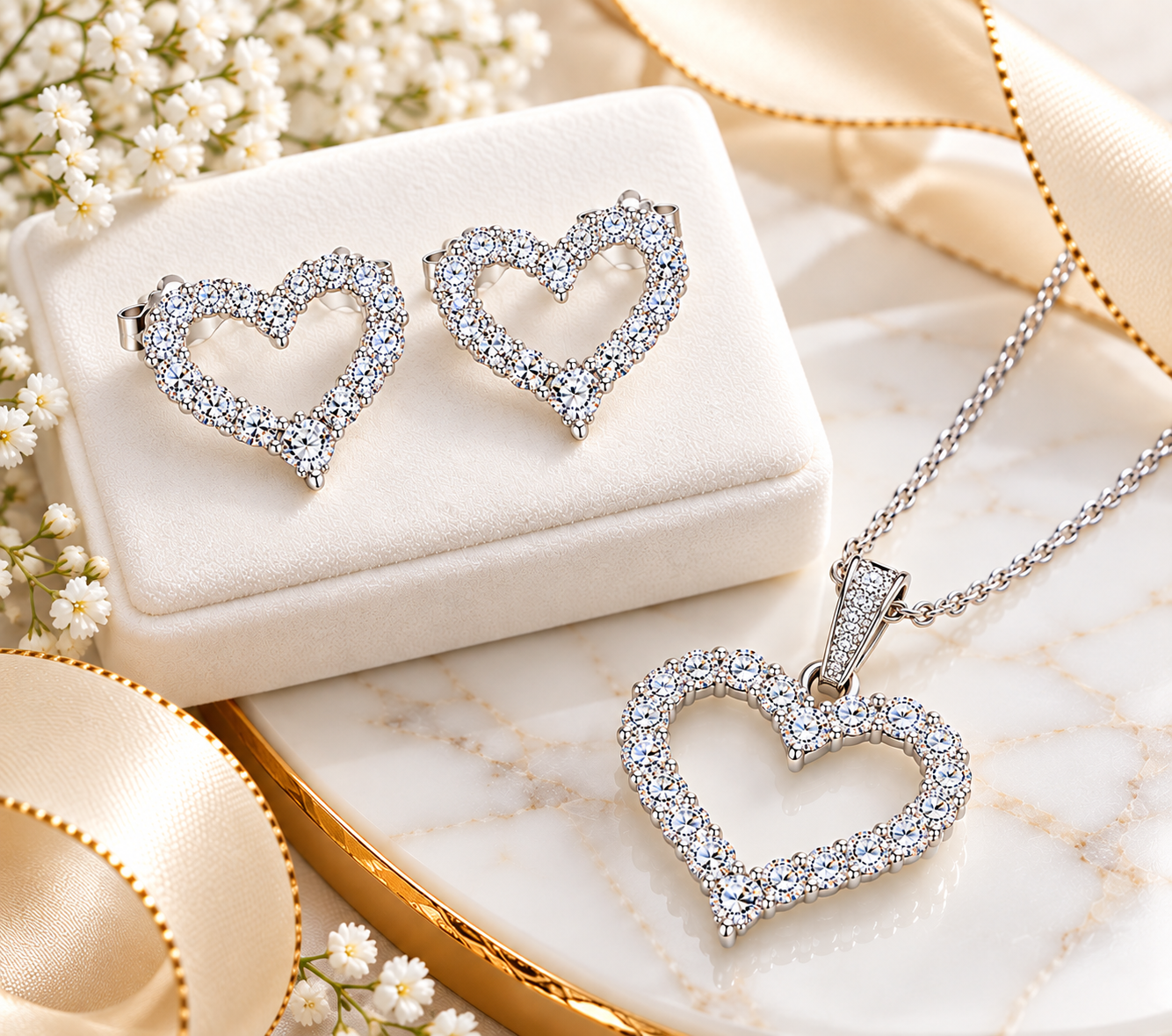 Real MOISSANITE Heart Necklace & Earrings Set – 925 Silver – 2.5ct – GRA Certified – 16"-22" Chain
