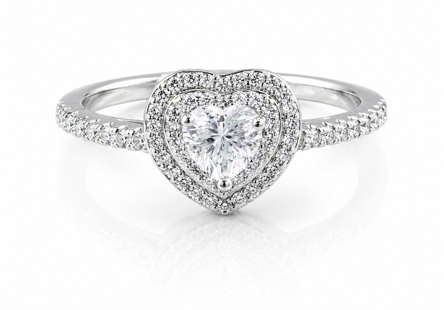Heart Moissanite Double Halo Engagement Ring 2CT | GRA Certified with a sparkling heart-shaped center stone surrounded by two rows of smaller stones on a delicate band.