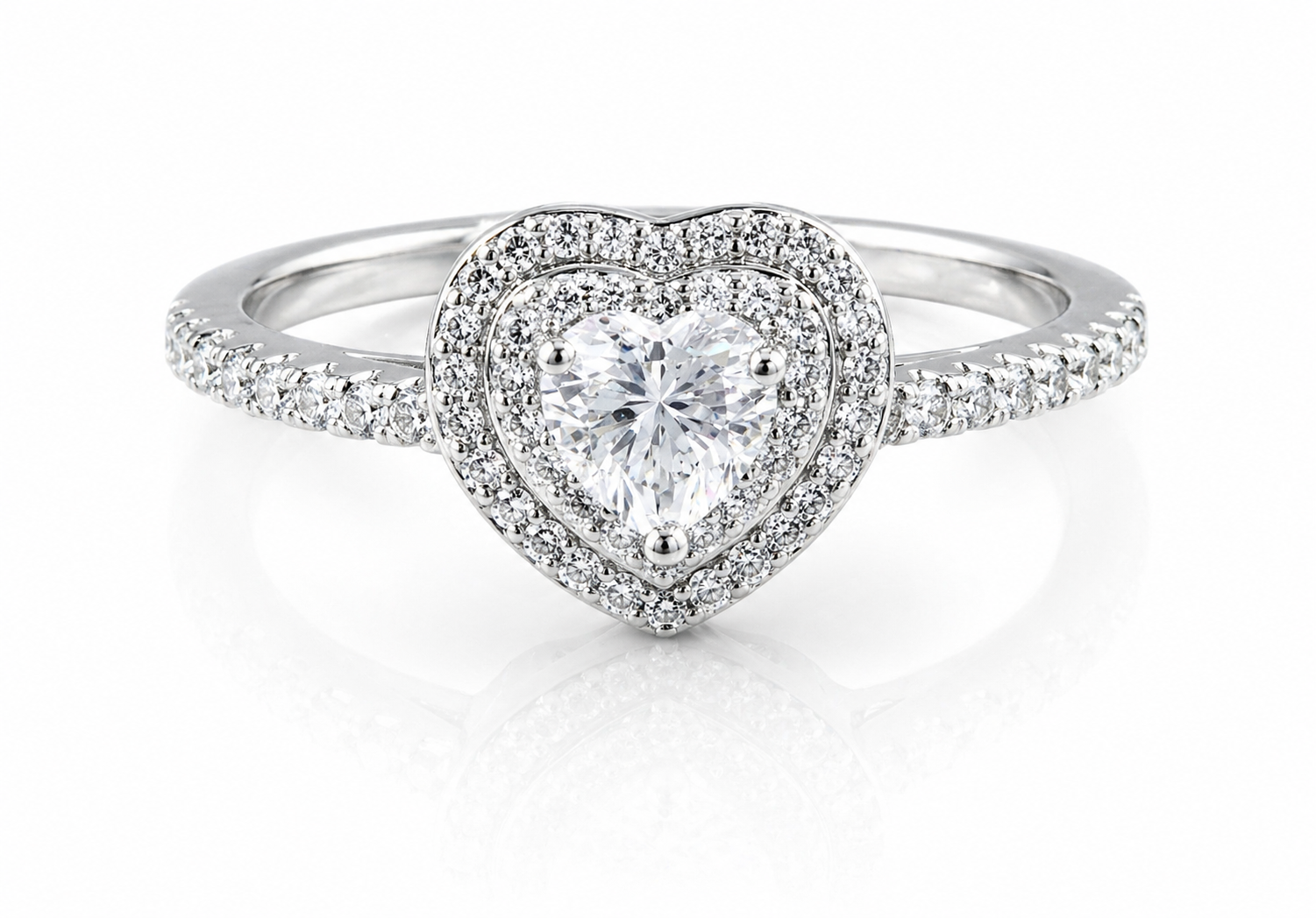 Heart Moissanite Double Halo Engagement Ring 2CT | GRA Certified with a sparkling heart-shaped center stone surrounded by two rows of smaller stones on a delicate band.