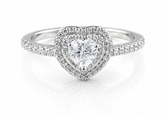 Heart Moissanite Double Halo Engagement Ring 2CT | GRA Certified with a sparkling heart-shaped center stone surrounded by two rows of smaller stones on a delicate band.