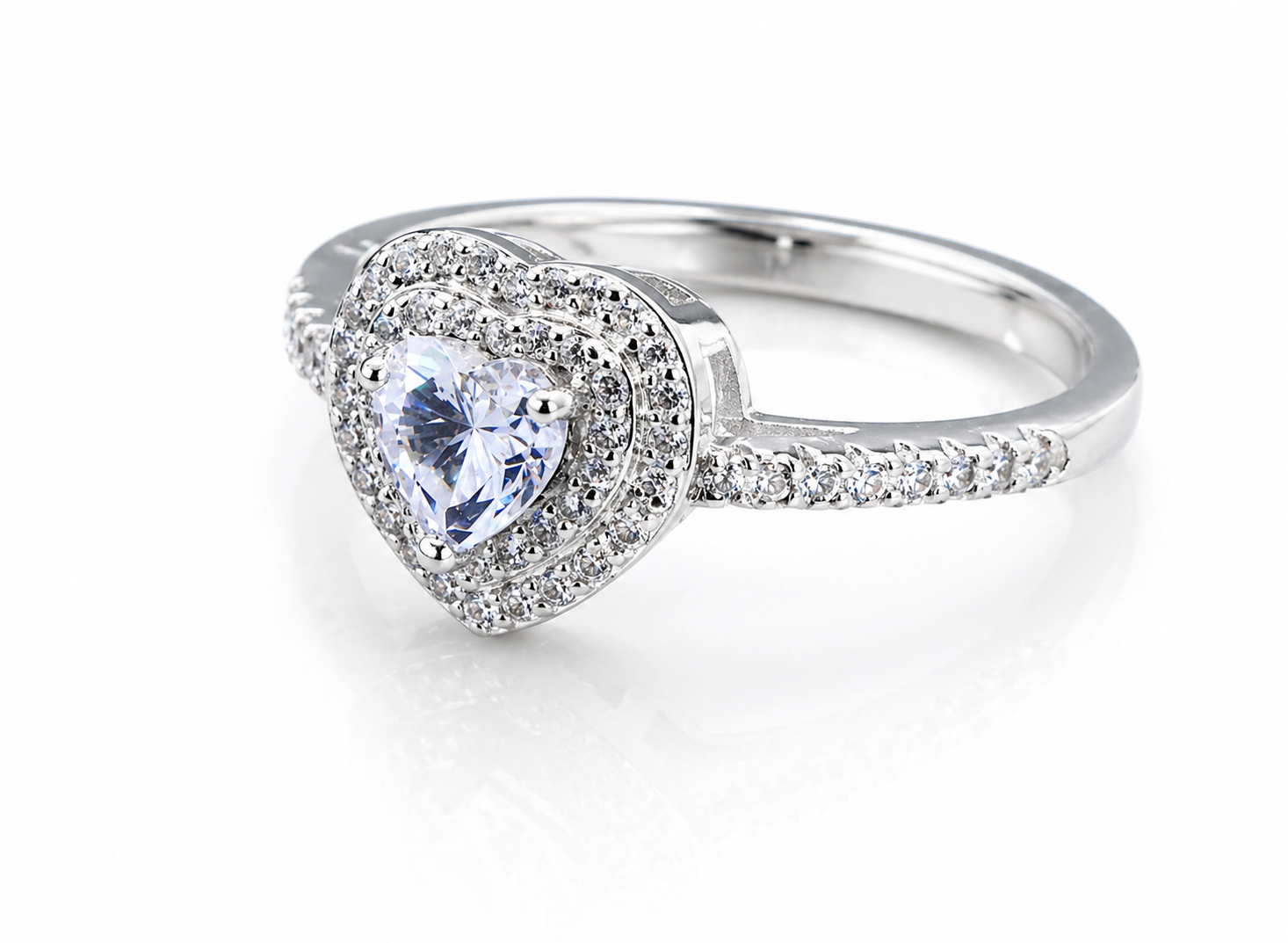 Heart Moissanite Double Halo Engagement Ring 2CT | GRA Certified featuring a sparkling heart-shaped center stone surrounded by two rows of smaller stones on a polished band.