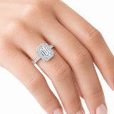 Model Shot of emerald cut moissanite ring with diamond halo band