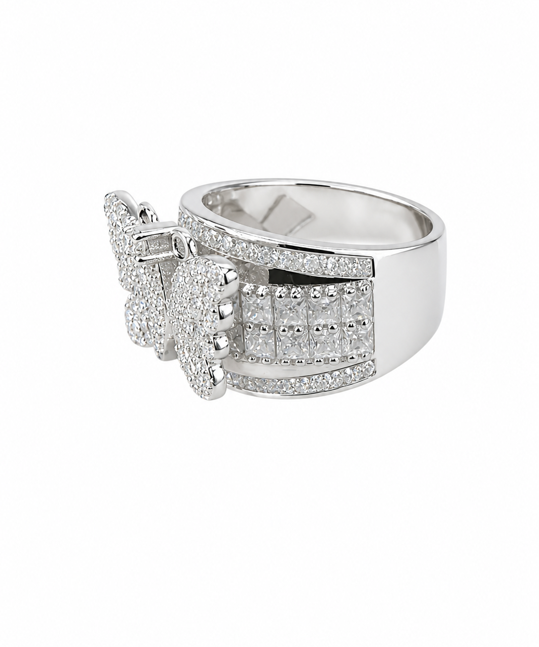 "Moissanite butterfly pavé wide band ring in 14K white gold by Paradise Gems Atlanta"