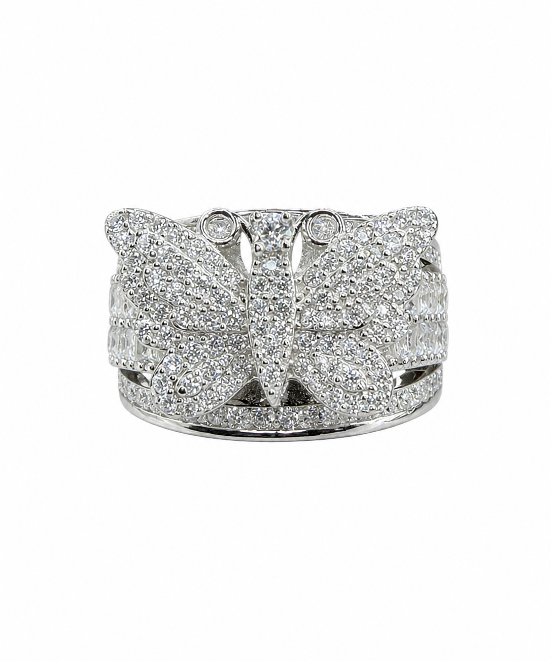 Moissanite butterfly ring wide pave band 14K white gold VVS D color GRA certified Atlanta Paradise Gems