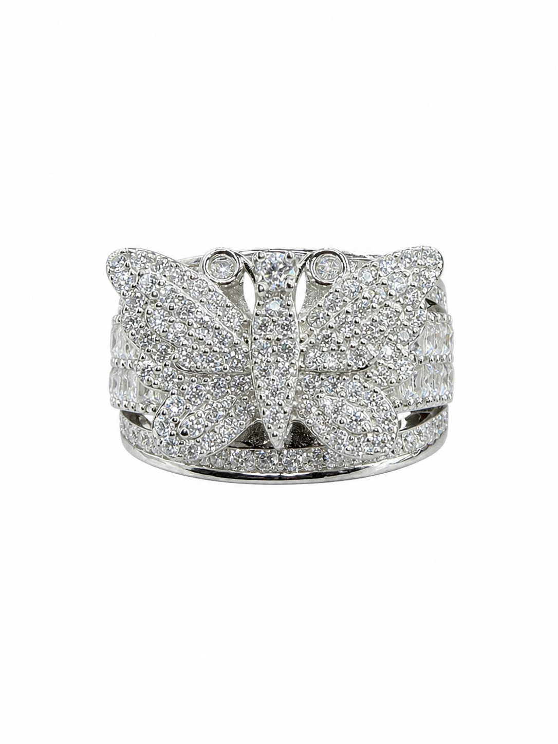Moissanite butterfly ring wide pave band 14K white gold VVS D color GRA certified Atlanta Paradise Gems