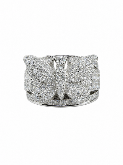 Moissanite butterfly ring wide pave band 14K white gold VVS D color GRA certified Atlanta Paradise Gems