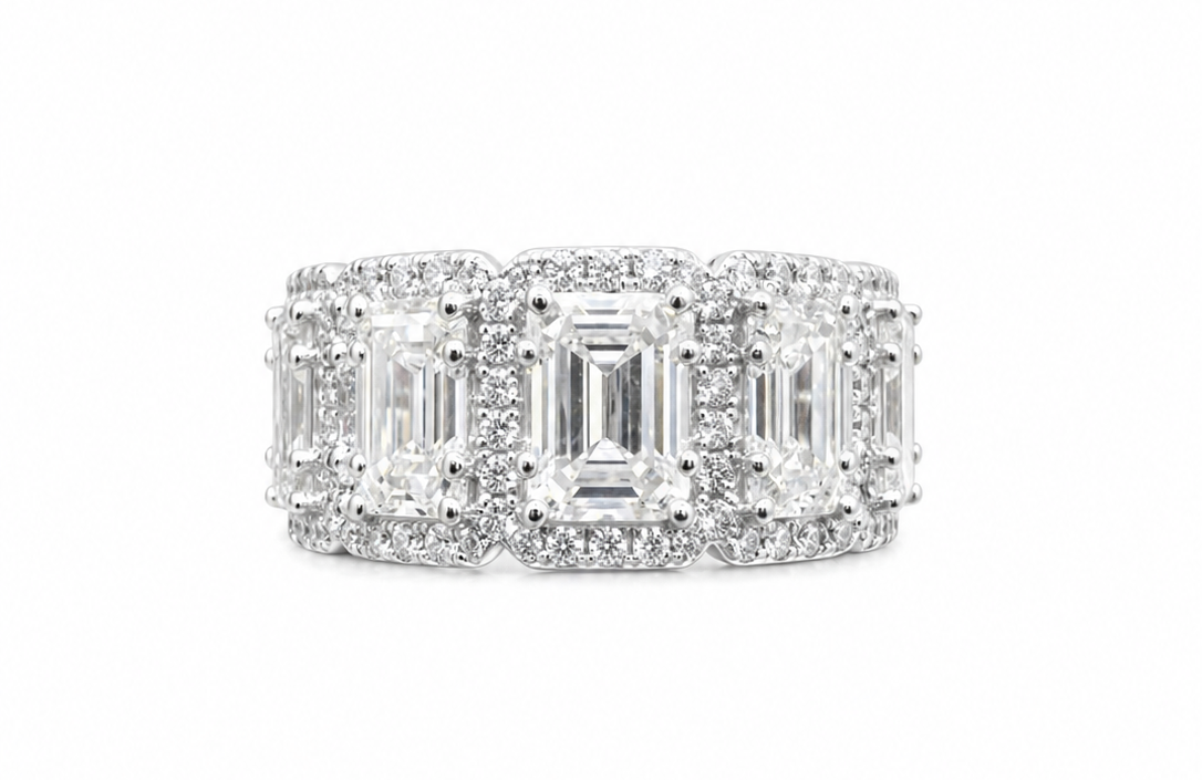 Emerald cut moissanite 5-stone halo band 3.5CT VVS D color GRA certified 925 silver Atlanta Paradise Gems