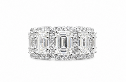 Emerald cut moissanite 5-stone halo band 3.5CT VVS D color GRA certified 925 silver Atlanta Paradise Gems