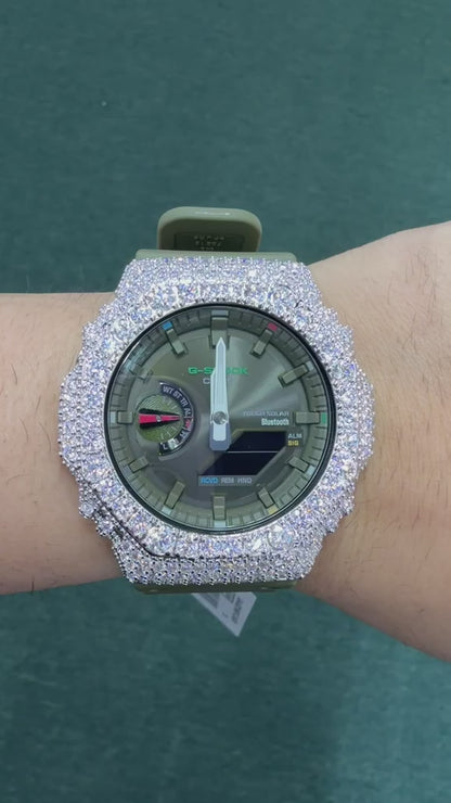 Iced Out Olive G-Shock Solar Moissanite Watch | 925 Silver or Brass Bezel