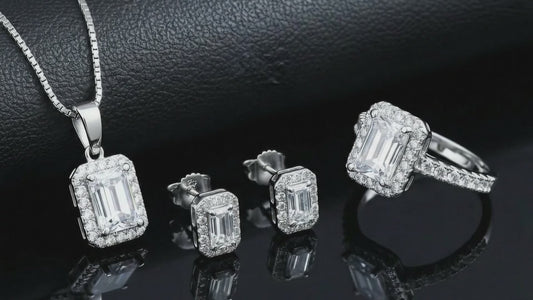Emerald Cut Halo Style 4.00 carat Women's Moissanite Diamond VVS D Color 4-Piece S 925 Jewelry Set (Stud Earrings and Necklace and Ring)- PASS DIAMOND TESTER!!!