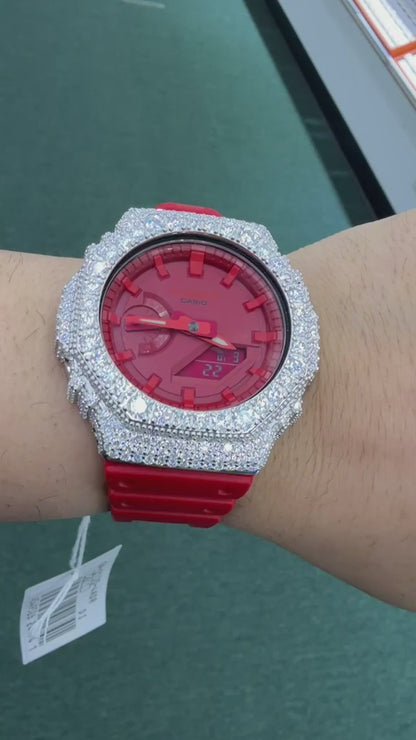 Iced Out Red G-Shock Moissanite Watch | 925 Silver or Brass Bezel