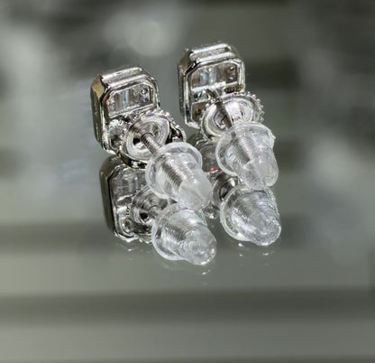 Moissanite Emerald Cut Halo Stud Earrings 8MM — VVS D Color GRA Certified 925 Sterling Silver