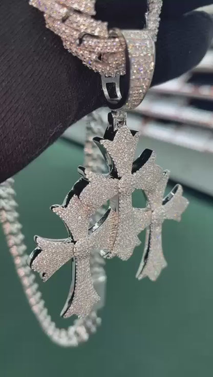 Moissanite Triple Cross Pendant Iced Out | VVS D Color | 925 Sterling Silver