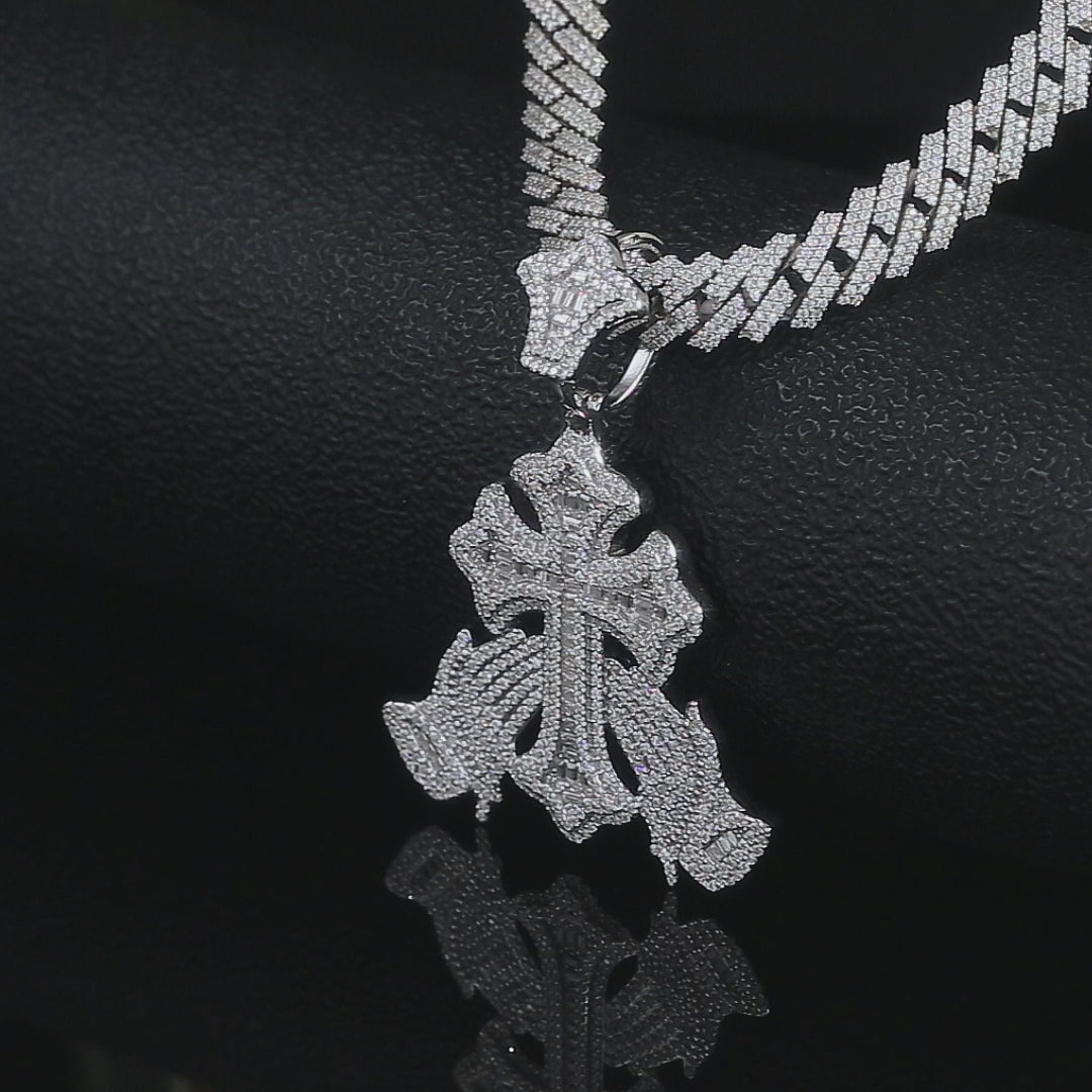 Moissanite Praying Hands Cross Pendant