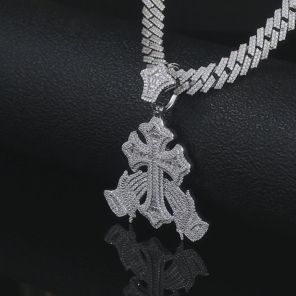 Moissanite Praying Hands Cross Pendant