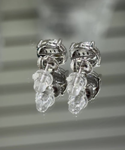 Moissanite Double Baguette Round Halo Earrings 8.5MM — VVS D Color GRA Certified 925 Silver