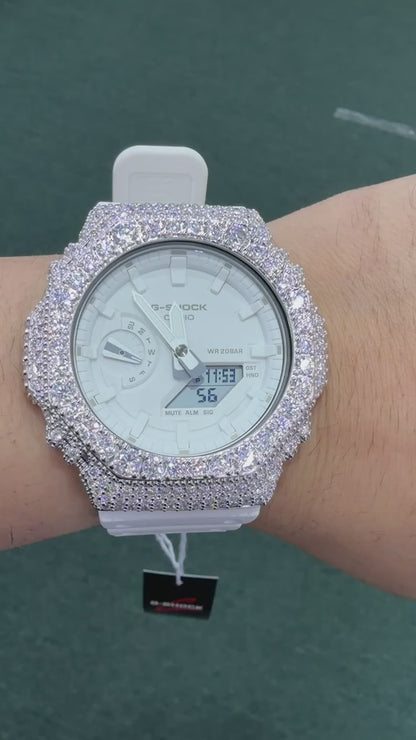 Iced Out White G-Shock Moissanite Watch | 925 Silver or Brass Bezel