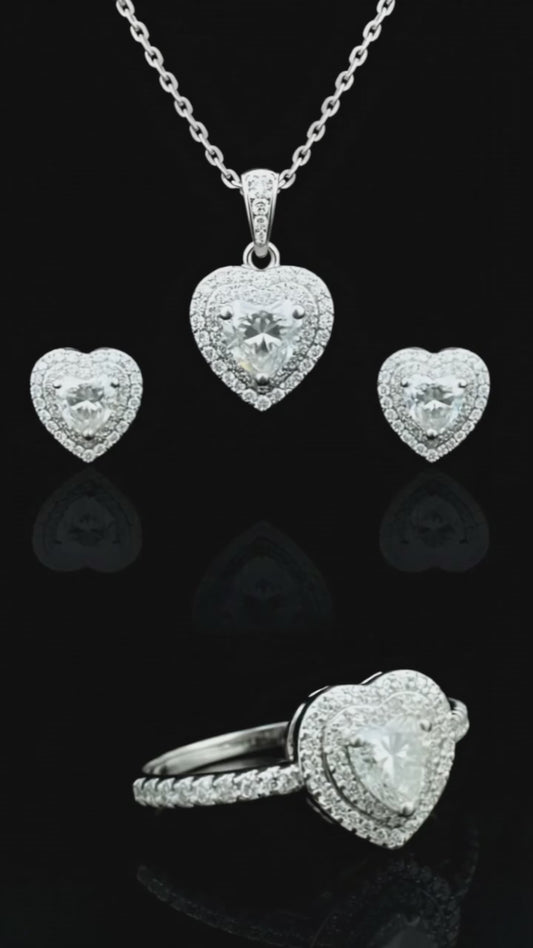 Heart Shape Halo style Moissanite Diamond VVS D Color with Real 925 Silver Women's Set 4.00 Carat - 4 Piece Jewelry Set (Stud Earrings and Necklace and Ring) |  PASS DIAMOND TESTER!!!