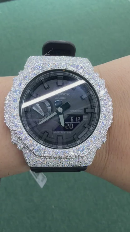 Iced Out White G-Shock Moissanite Watch | 925 Silver or Brass Bezel