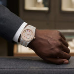 Mens wearing 44MM rose gold silver bust down moissanite watch VVS – Paradise Gems Atlanta