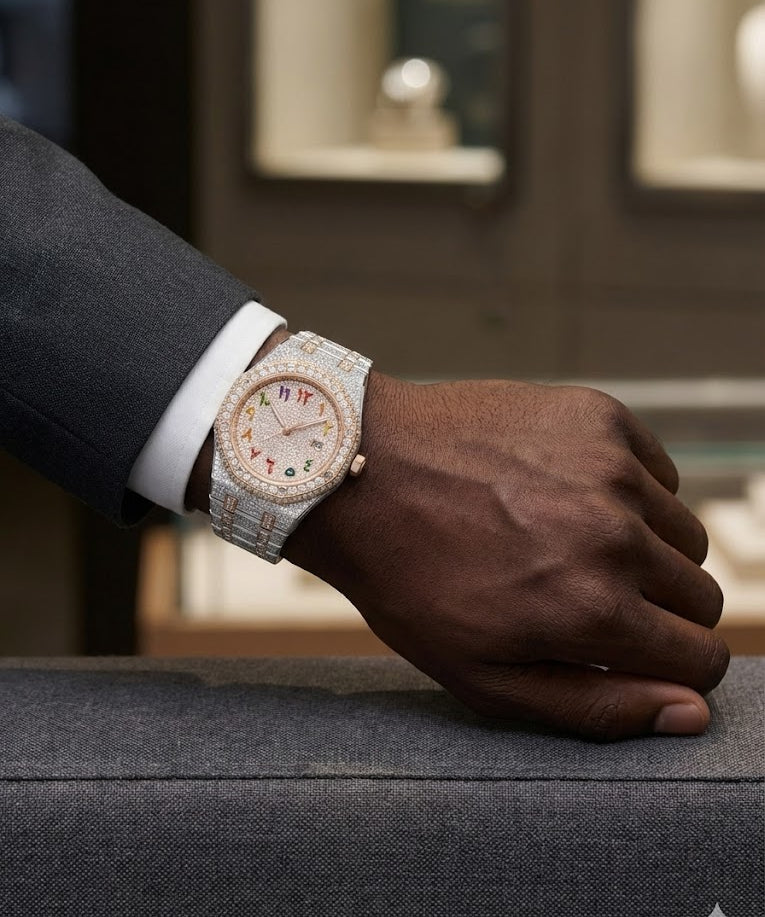 Mens wearing 44MM rose gold silver bust down moissanite watch VVS – Paradise Gems Atlanta