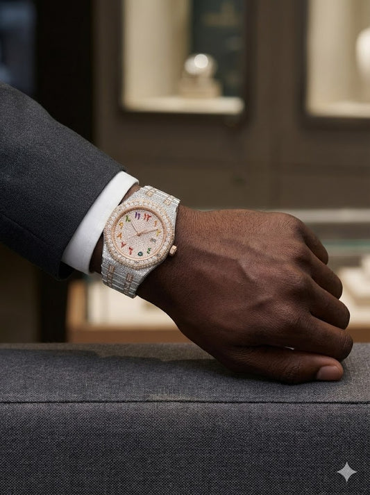Mens wearing 44MM rose gold silver bust down moissanite watch VVS – Paradise Gems Atlanta