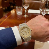 Man wearing 44MM two tone gold silver bust down moissanite watch VVS – Paradise Gems Atlanta