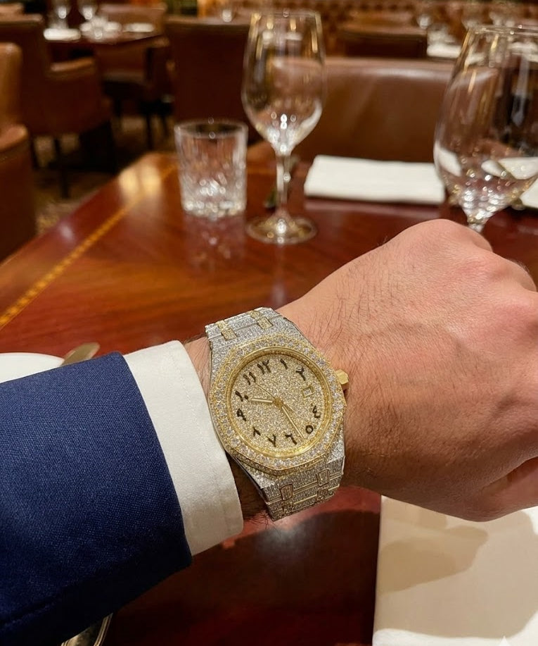 Man wearing 44MM two tone gold silver bust down moissanite watch VVS – Paradise Gems Atlanta