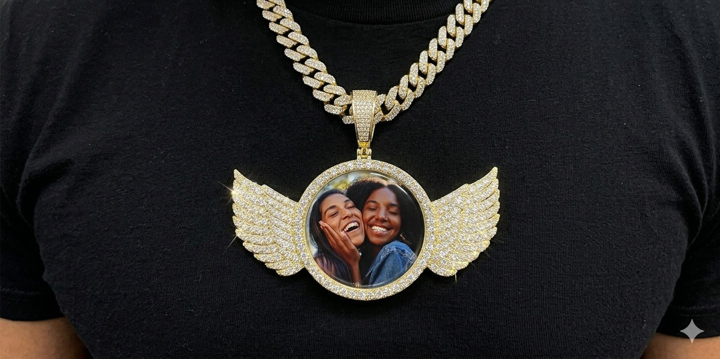 Custom Moissanite Wing Photo Pendant | VVS D Color | 925 Silver | 55MM | Free Picture